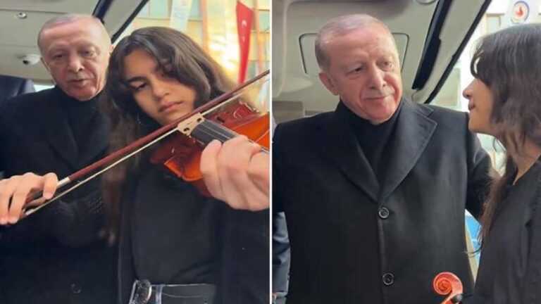 Erdoğan a accompagné l&rsquo;étudiant jouant la chanson folklorique de Çanakkale avec son violon