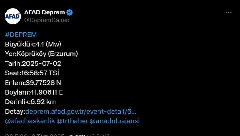 Tremblement de terre de dernière minute mercredi mercredi, tremblement de terre, où, combien d'intensité Istanbul, Bursa, Erzurum était un tremblement de terre dans l'observatoire Afad et Kandilli LISTE LISTE DES TERRE-TERMES