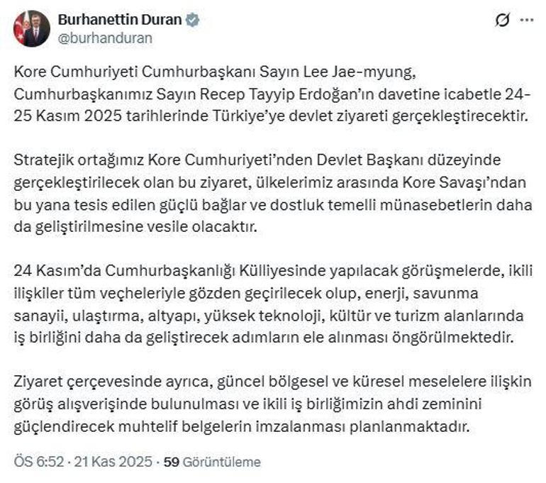 Le directeur de la communication Duran a annoncé : le président coréen Jae-myung viendra en Turquie à l'invitation du président Erdoğan.