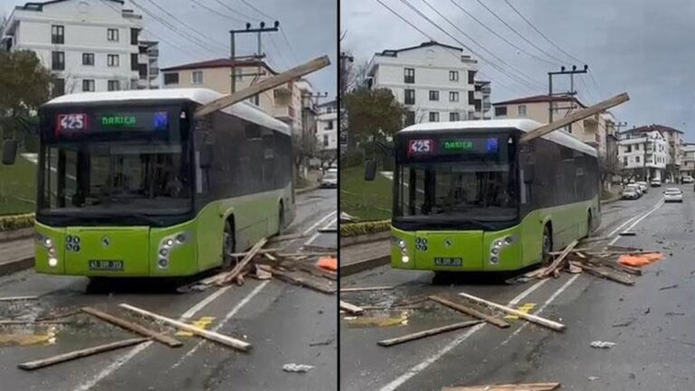 Lieu : Kocaeli ! Moments effrayants : Il s'est détaché du toit et est resté coincé dans le bus !