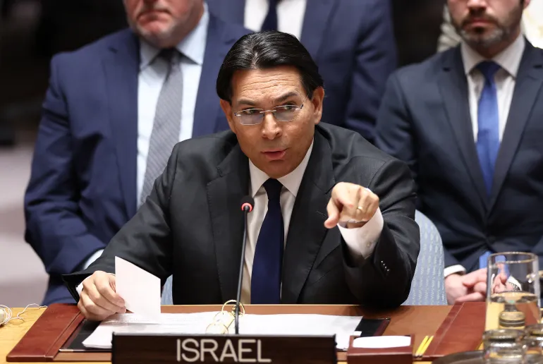 Le représentant permanent d'Israël auprès de l'ONU, Danny Danon, lors d'une réunion du Conseil de sécurité des Nations Unies au siège de l'ONU à New York (Dossier : AFP)