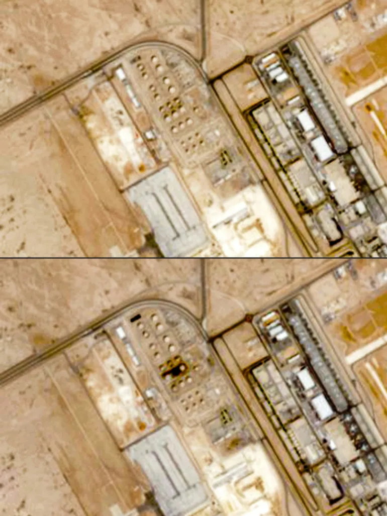 (COMBO) Cette combinaison d'images satellites de Copernicus Sentinel Data prises (de haut en bas) les 16 et 21 septembre 2026 montre les dépôts de carburant en vrac Saudi ARAMCO à l'aéroport international King Khalid de Riyad, avant et après une attaque.